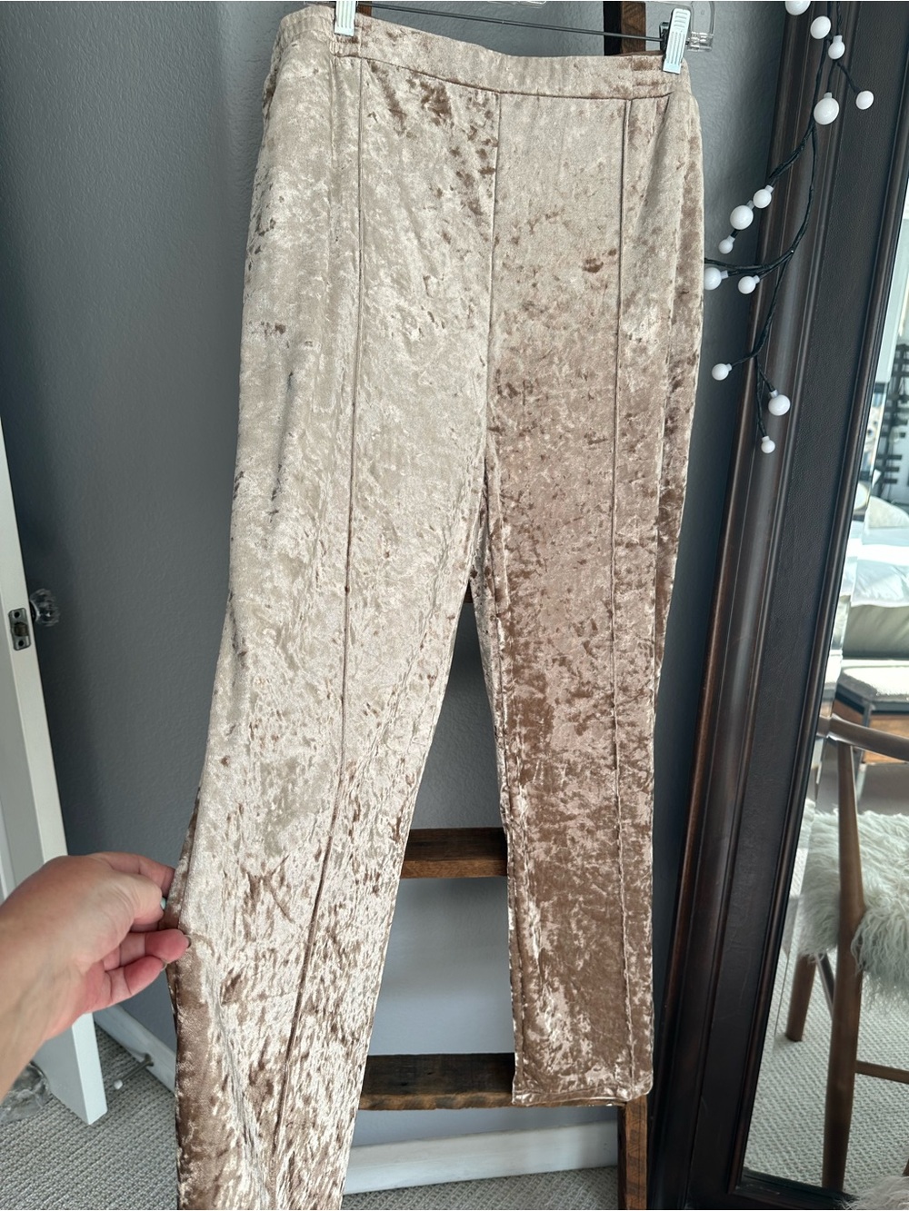 Serra champagne-gold crushed velvet pants, size 14